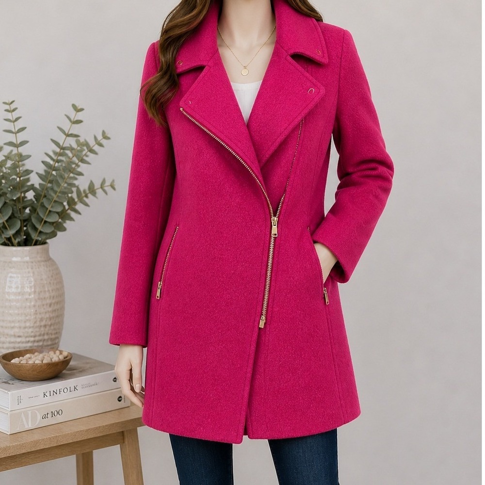 LOFT Women Coat Pink Wool Blend Asymmetric Zip Moto XS